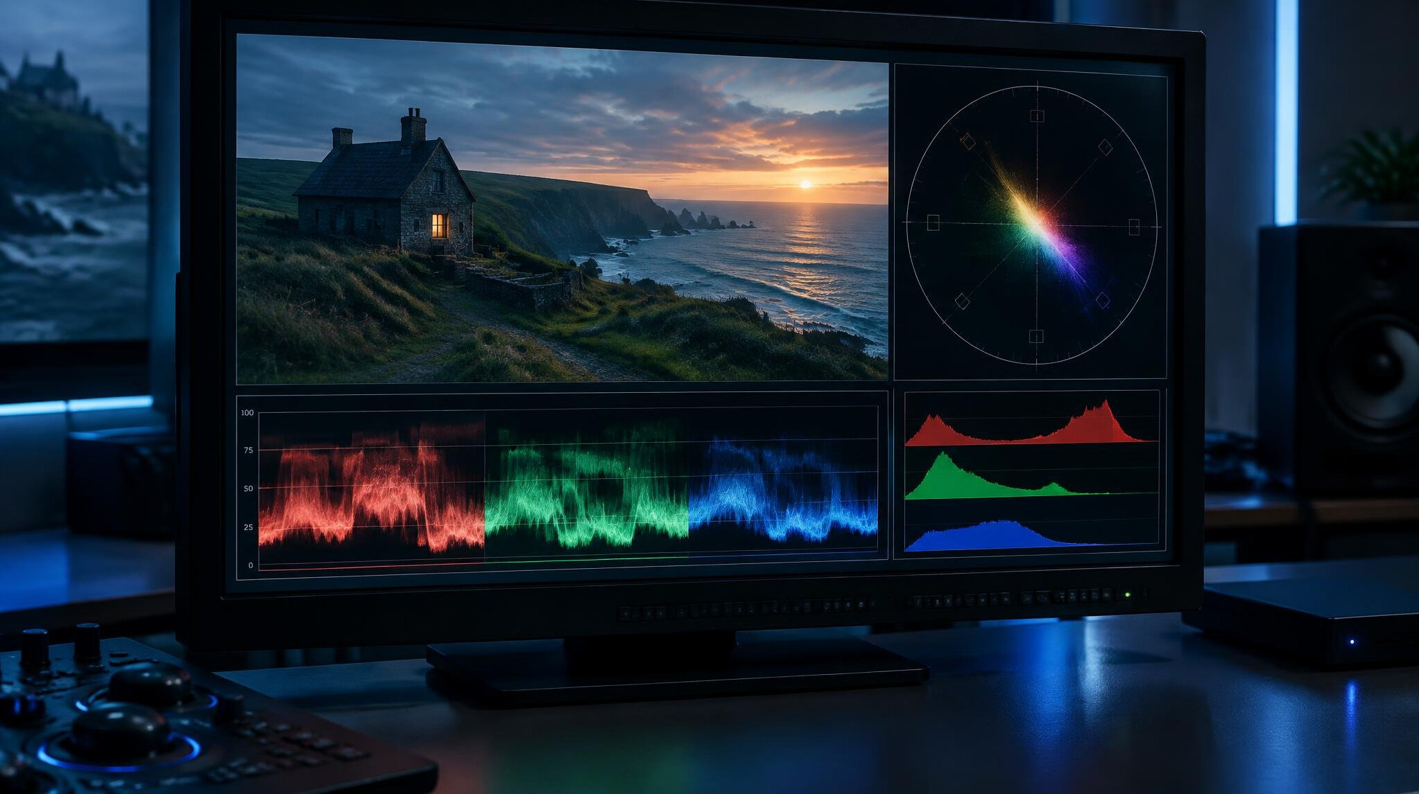 Colour grading monitor displaying waveform and vectorscope during a video edit