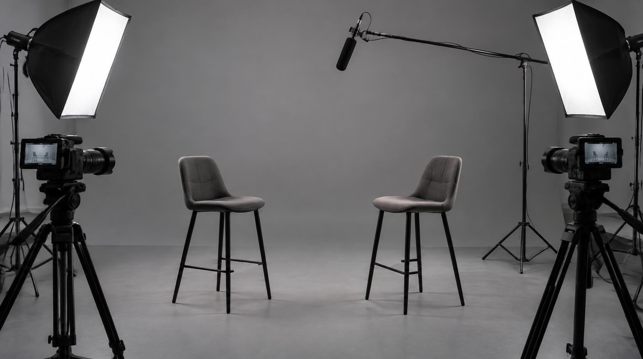 Two-camera interview setup with softbox lighting and empty stools