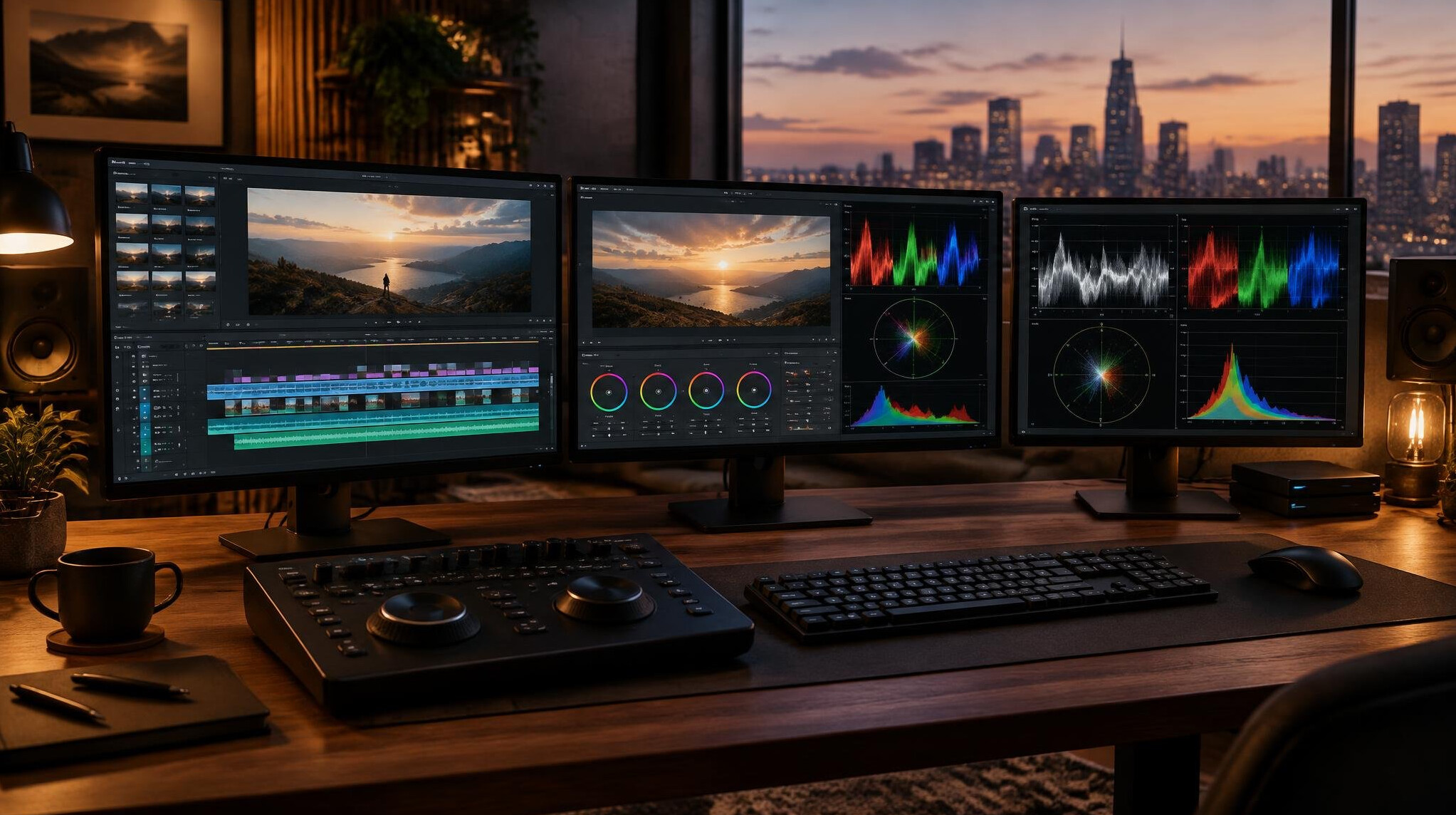 Professional video editing suite with multiple monitors showing a colour grading timeline